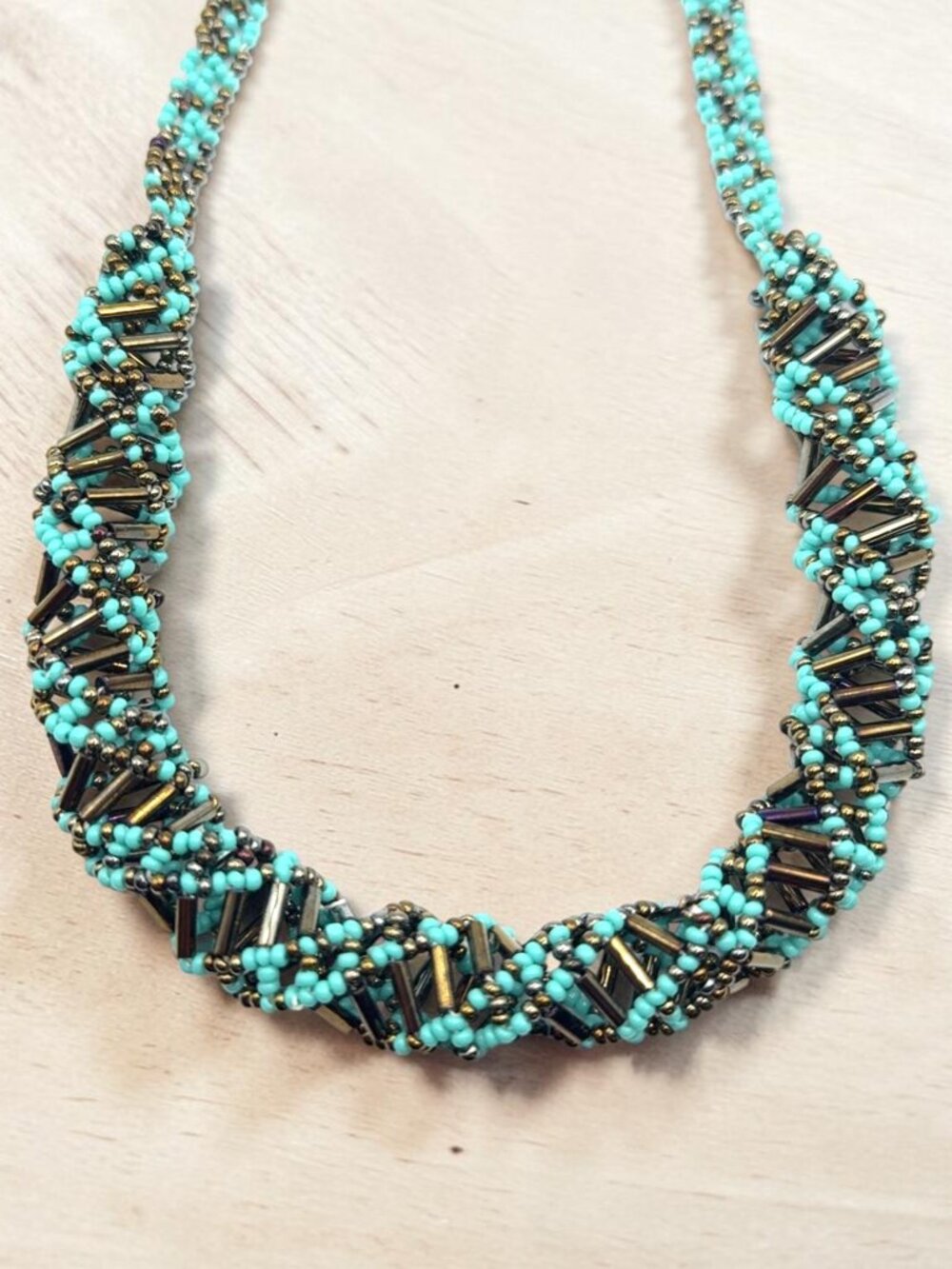 Turquoise and Bronze Beaded DNA Helix Necklace